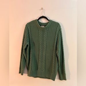 Light olive green, J. Crew cable knit sweater.